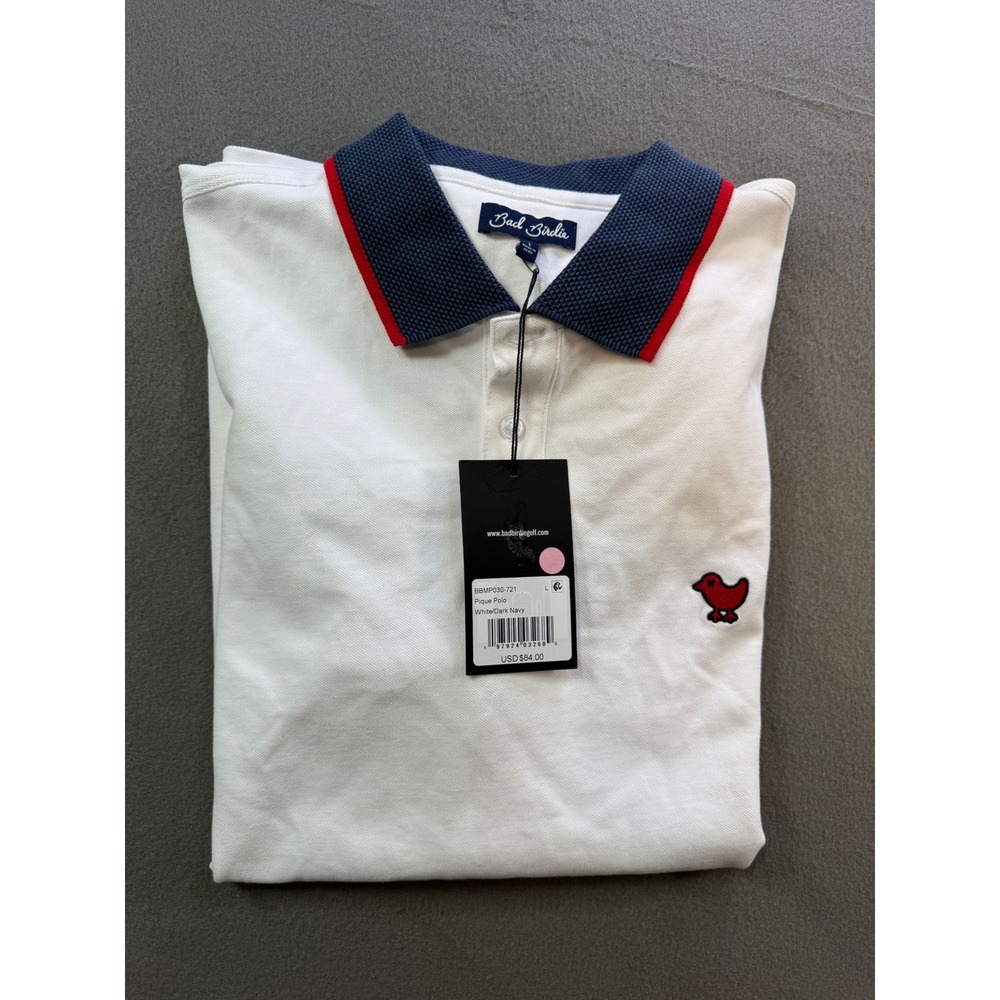 Bad Birdie Mens Pique Polo Shirt White Navy Red BBMP030-721 Large NWT